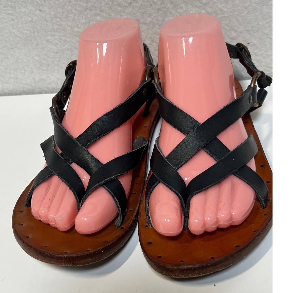 Beek Leather Strappy Sandals Black Tan Gladiator Flat Buckle Ankle Strap 9 - Picture 3 of 11